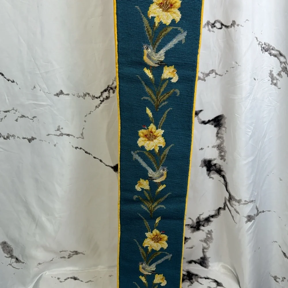 Vintage Petit Point Bell Pull Needle Point Velvet Backed Birds & Flowers Design